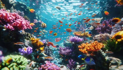 Obraz premium Coral reef with diverse marine species underwater summer paradise travel