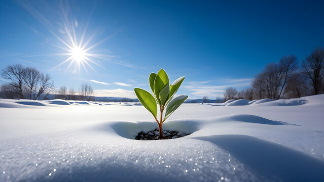 Young green sprout emerging from snowy frozen ground announcing end of winter end beginning of spring season
