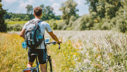 Naklejka premium A man wearing a backpack is cycling across a meadow filled with blooming flowers