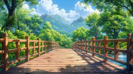 Obraz premium Cartoon Style Wooden Bridge Design