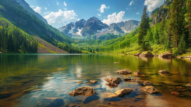 A photograph of a serene lake surrounded by towering mountains advertising the peaceful and rejuvenating atmosphere of a national park..