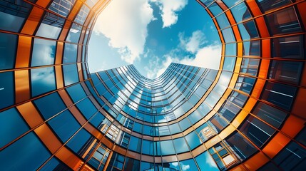 Naklejka premium Low angle view of futuristic architecture, Skyscraper of office building with curve glass window. 