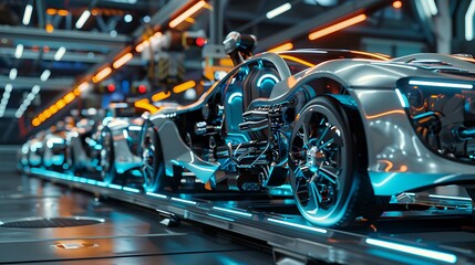 Fototapeta premium Futuristic Car Manufacturing: Assembly Line with Neon Lights and Cutting-Edge Technology
