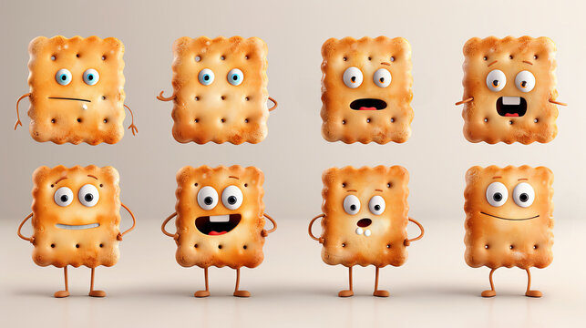 Cartoon characters of crackers, featuring cute cookies with various expressions, funny faces, and emotions, depicted as a set of biscuit and cracker mascots