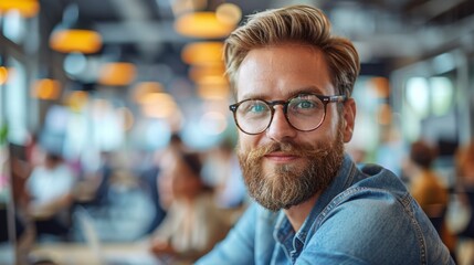 Handsome bearded man with eyeglasses sitting in cafe
