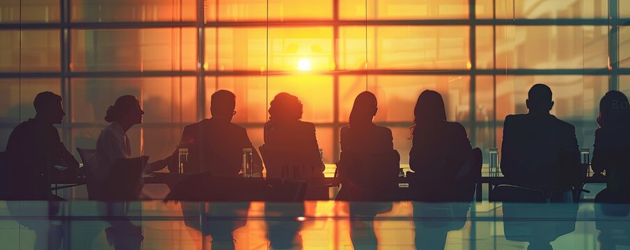 Silhouetted Business Team Sitting at Conference Table, Engaged in Discussion with Blurred Background, High Resolution and Professional Color Grading, Featuring Soft Shadows and Clean Sharp Focus.