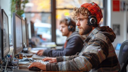 Obraz premium Young man in headphones working on computer in co working space. Freelance concept