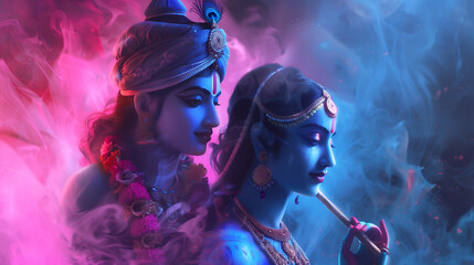 The divine embrace of Krishna and Radha, symbolizing eternal love in Hindu mythology © ZAY WIN HTAI
