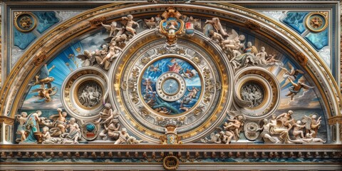 Fototapeta premium Baroque Classical Abstract Marble Framed Ceiling Art with Ornate Border. Luxury Lavish Decor Victorian Elements with Seamless Pattern Background Texture
