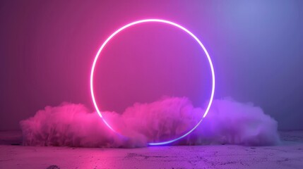 Vibrant 3D render with abstract pink and blue neon light frame, stormy clouds, and glowing geometric shape.