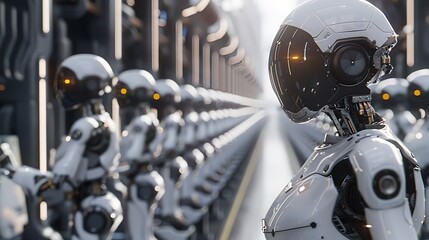 Fototapeta premium Army of Robots Standing in Formation: A Glimpse into the Future of Artificial Intelligence