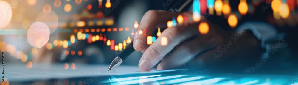 Aufkleber business person analyzing financial data and charts on digital interface, making notes on a document