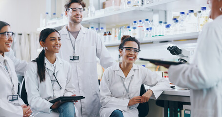 Teaching, science and group of people in laboratory for breakthrough, cure or medical development....
