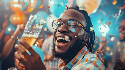 Fototapeta premium Happy man with glasses celebrating at a festive party, holding a drink and smiling amidst vibrant confetti and balloon decorations.