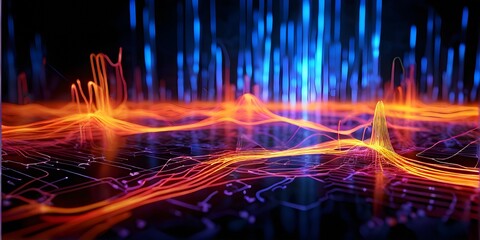 3d render of intricate network of fibre optics with a pulse of glow