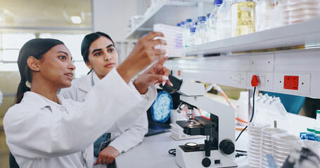 Science, team and sample in lab for test results, vaccine development and feedback. Women, experiment and discussion at microscope with chemical, chemistry and virus study for pharmaceuticals