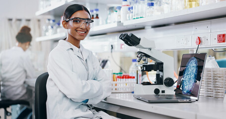 Portrait, scientist and happy woman on microscope with arms crossed in lab for chemistry research....