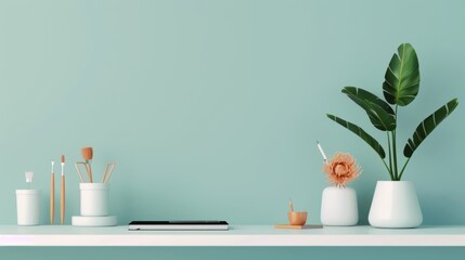 A vibrant illustration of a designer's desk, complete with an array of utensils and instruments used for crafting, displayed on a clean counter