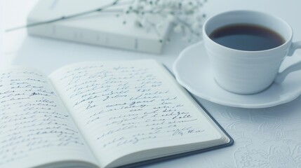 An open diary with elegant handwriting, surrounded by other journals and a cup of coffee, highlighting the charm of personal logging and reflection