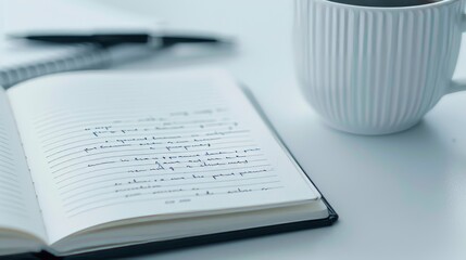 An open diary with elegant handwriting, surrounded by other journals and a cup of coffee, highlighting the charm of personal logging and reflection