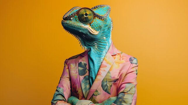 A vibrant chameleon wearing a stylish, colorful suit poses confidently against an orange background. Unique and trendy, perfect for creative projects.