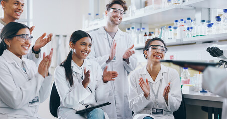 People, science and lab research or clapping, pharmaceutical study with interns happy for...