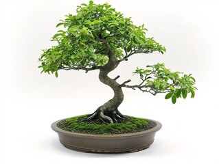 A bonsai tree in a literati shape, positioned centrally on a white background, emphasizing its slender and elegant form