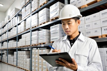 Serious Asian Inventory Control Expert Analyzing Stock Levels
