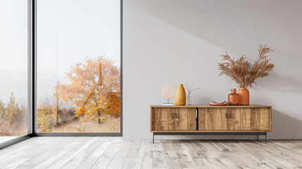 Minimalist living room interiors with a stylish sideboard next to a window in a residential interior design composition. Premium realty designer composition with copy space.