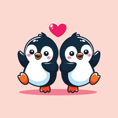 cute penguin couple with heart love cartoon vector illustration graphic design
