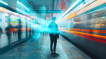 Silhouette of a person standing still in a vibrant, busy subway station with a motion blur effect, conveying movement and rush.