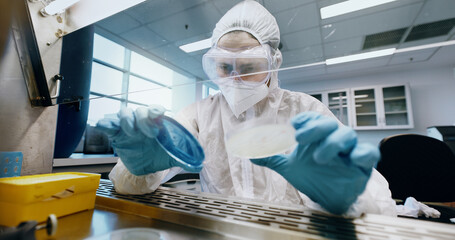 Research, sample and science with person in laboratory for biology, breakthrough or pharmaceutical...