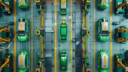 Green Electric Vehicles Move Through Automated Assembly Line in Modern Car Factory