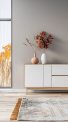 Minimalist living room interiors with a stylish sideboard next to a window in a residential interior design composition. Premium realty designer composition with copy space.