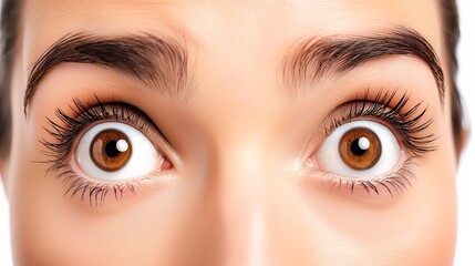 Fototapeta premium A woman with brown eyes and long lashes. The eyes are open and staring. The woman has a serious expression on her face