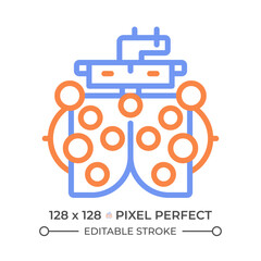 Phoropter two color line icon. Optometrist eye examination. Vision correction. Medical equipment bicolor outline symbol. Duotone linear pictogram. Isolated illustration. Editable stroke