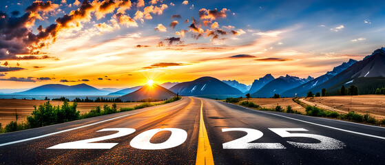 2025 Goal plan action, Business target and growth strategy. 2025 written on the road in the middle of road with at sunset.