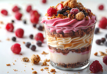 a dessert with raspberries and granola in a glass