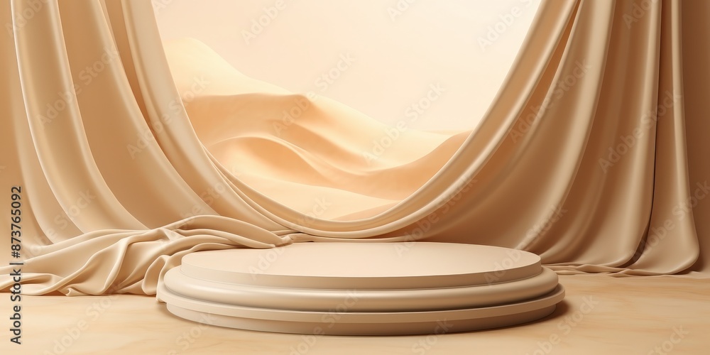 Poster minimalist product display with draped curtains and desert background