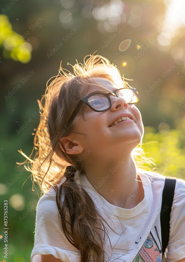 Wall mural happy young disabled teenager enjoying sunshine outdoors