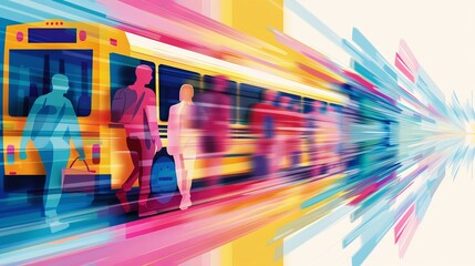 Artistic depiction of a bus ride, students boarding a classic yellow vehicle, colorful hues and shades in the background, dynamic transportation scene