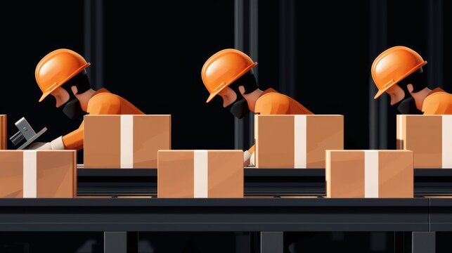 Artistic depiction of an assembly line with various labor tools and devices in use, emphasizing the order and management in an industrial setting