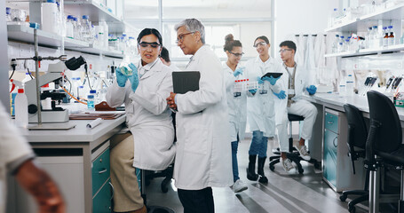 Petri dish, people or scientist learning in lab for breakthrough, cure or medical development....
