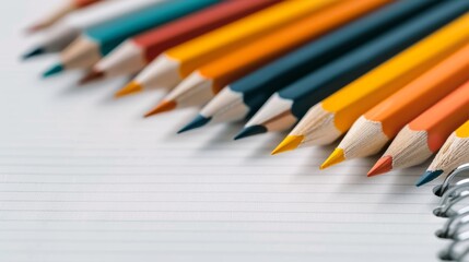 Obraz premium Artistic scene of pencils scattered on a sketchpad with detailed drawings, colored pencils, and a sharpener in the background