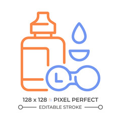 Contact lens care two color line icon. Eye care. Vision correction and contact lens maintenance bicolor outline symbol. Duotone linear pictogram. Isolated illustration. Editable stroke
