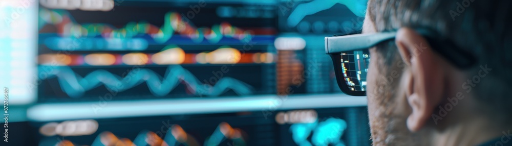 Aufkleber man analyzing financial data on multiple screens with various charts and graphs. close-up of reflect