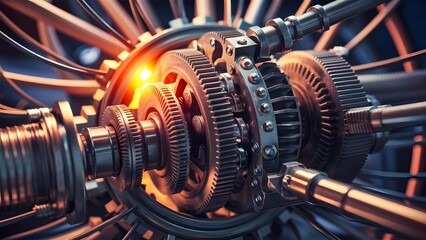 Fototapeta premium A mesmerizing, high-resolution close-up of an intricate mechanical commutator, meticulously designed and crafted. The heartof an elaborate system, it displays a complex arrangement of gears and metal 