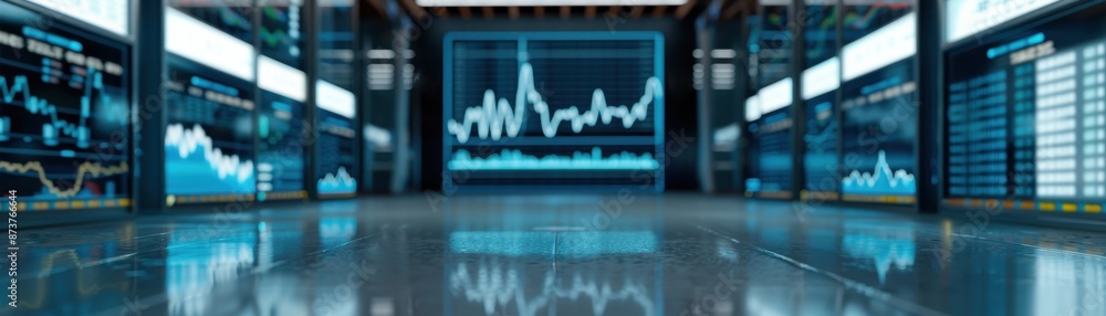 Poster modern financial technology and stock market data visualization on multiple digital screens in a hig