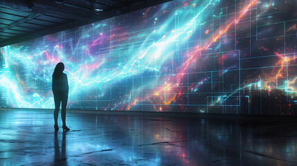 Standing Before the Digital Cosmos. The scene captures the fusion of human curiosity and the limitless potential of digital technology. 