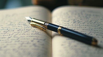 Close-up of a journal with elegant script writing, pages slightly turned, pen resting on top, embodying the art of notation and scribing